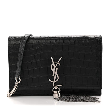 Saint Laurent Calfskin Crocodile Embossed Kate Monogram Tassel Chain Wallet Black 1 of 9