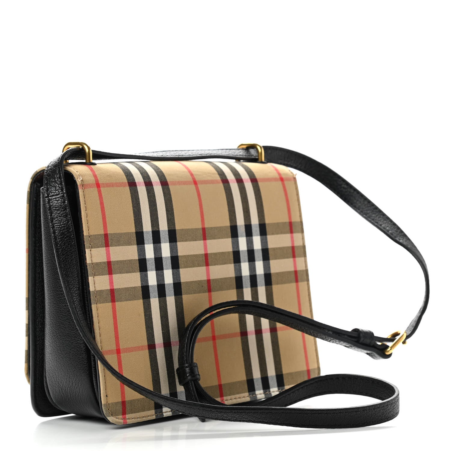 Burberry Goatskin Cotton Canvas Vintage Check Small D-Ring Bag Black Antique Yellow 4 of 17