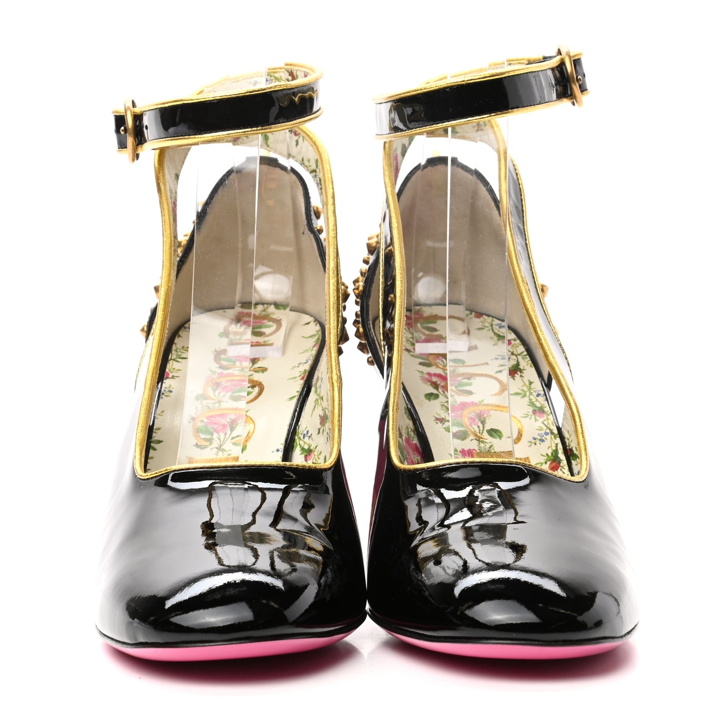 Patent Studded Crystal Block-Heel Pumps 39.5 Black Gold