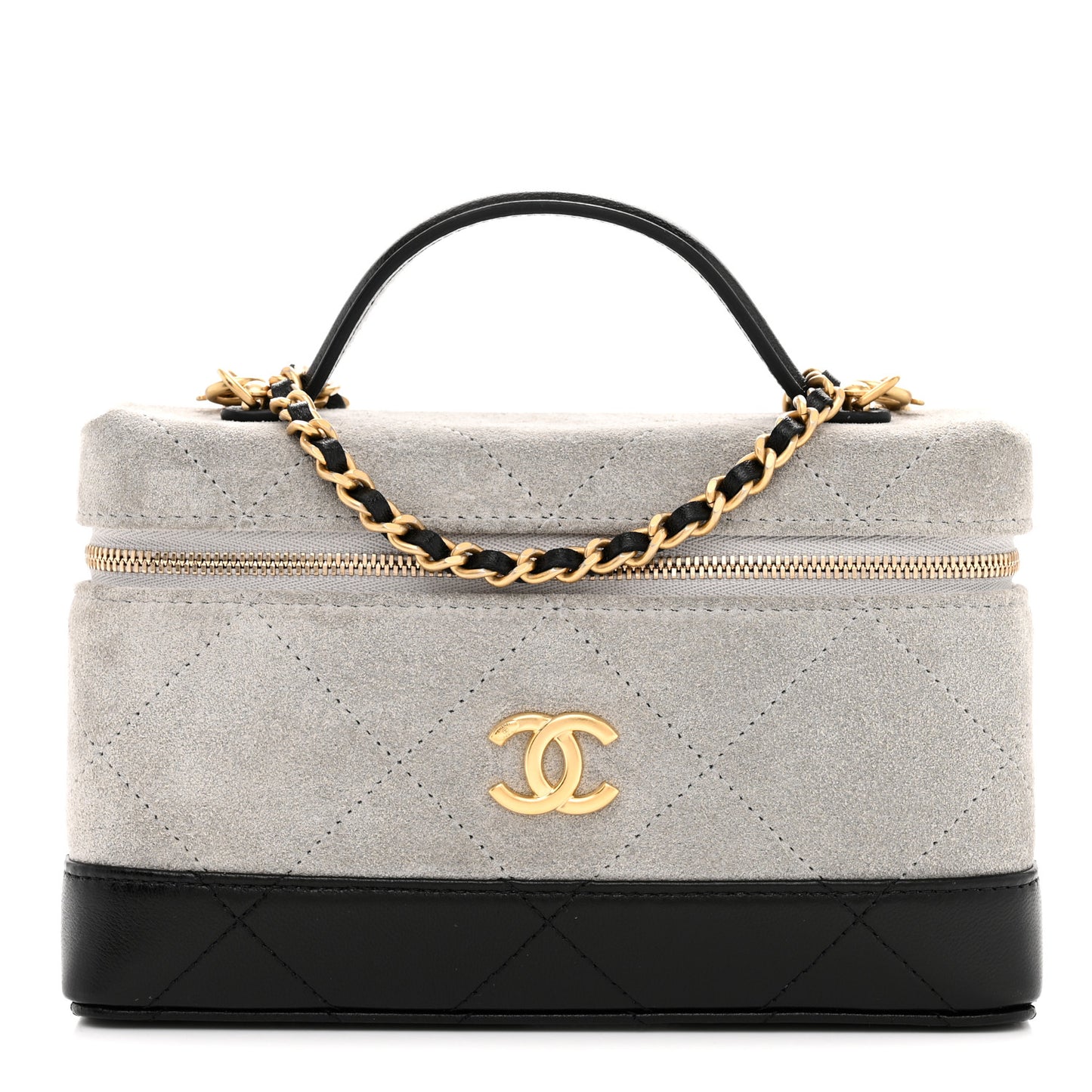 Suede Calfskin Shiny Lambskin Quilted Top Handle Slim Vanity Case With Chain Grey Black