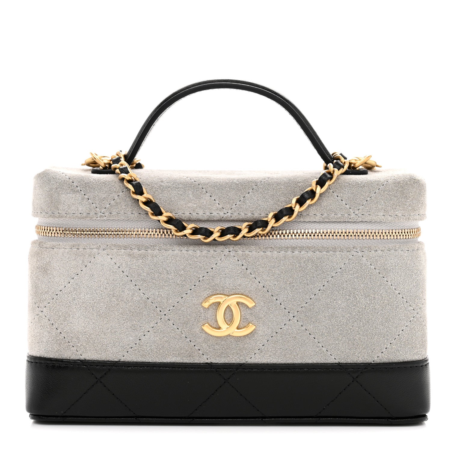 Chanel Suede Calfskin Shiny Lambskin Quilted Top Handle Slim Vanity Case With Chain Grey Black 1 of 12