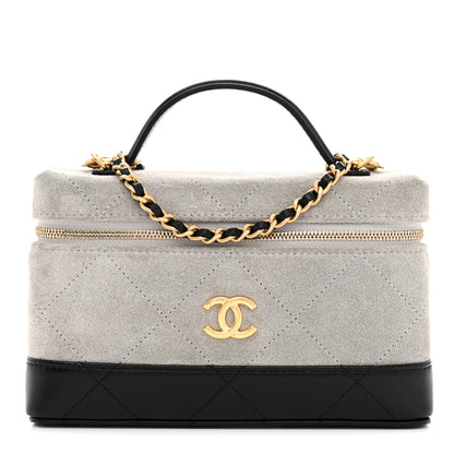 Chanel Suede Calfskin Shiny Lambskin Quilted Top Handle Slim Vanity Case With Chain Grey Black 1 of 12
