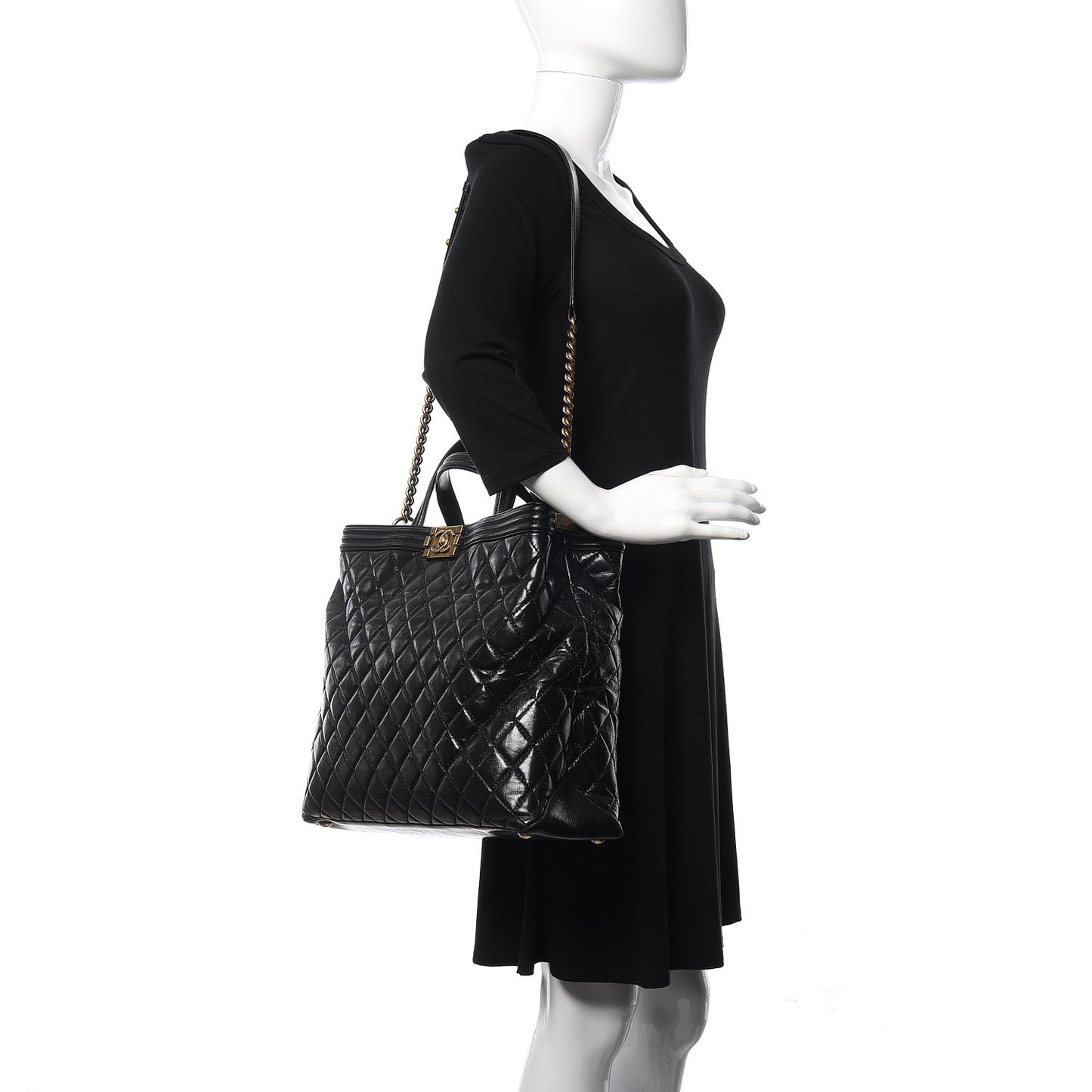 Glazed Calfskin Quilted Large Boy Tote Black