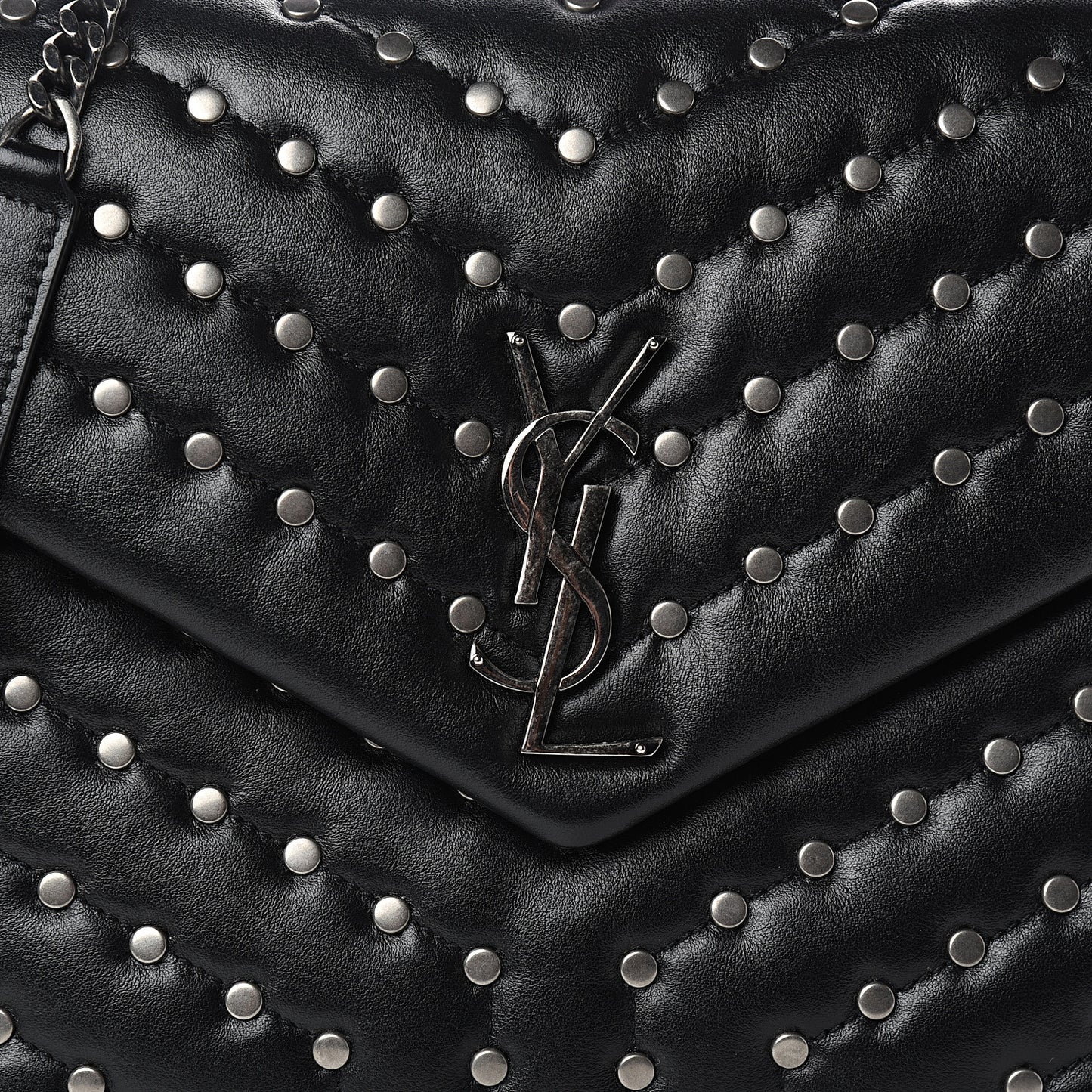 Calfskin Studded Y Quilted Monogram Medium Loulou Chain Satchel Black