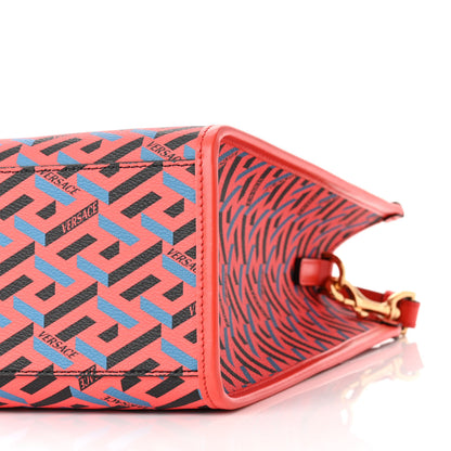 Versace Coated Canvas Calfskin La Greca Signature Tote Bag Blue Red 9 of 9