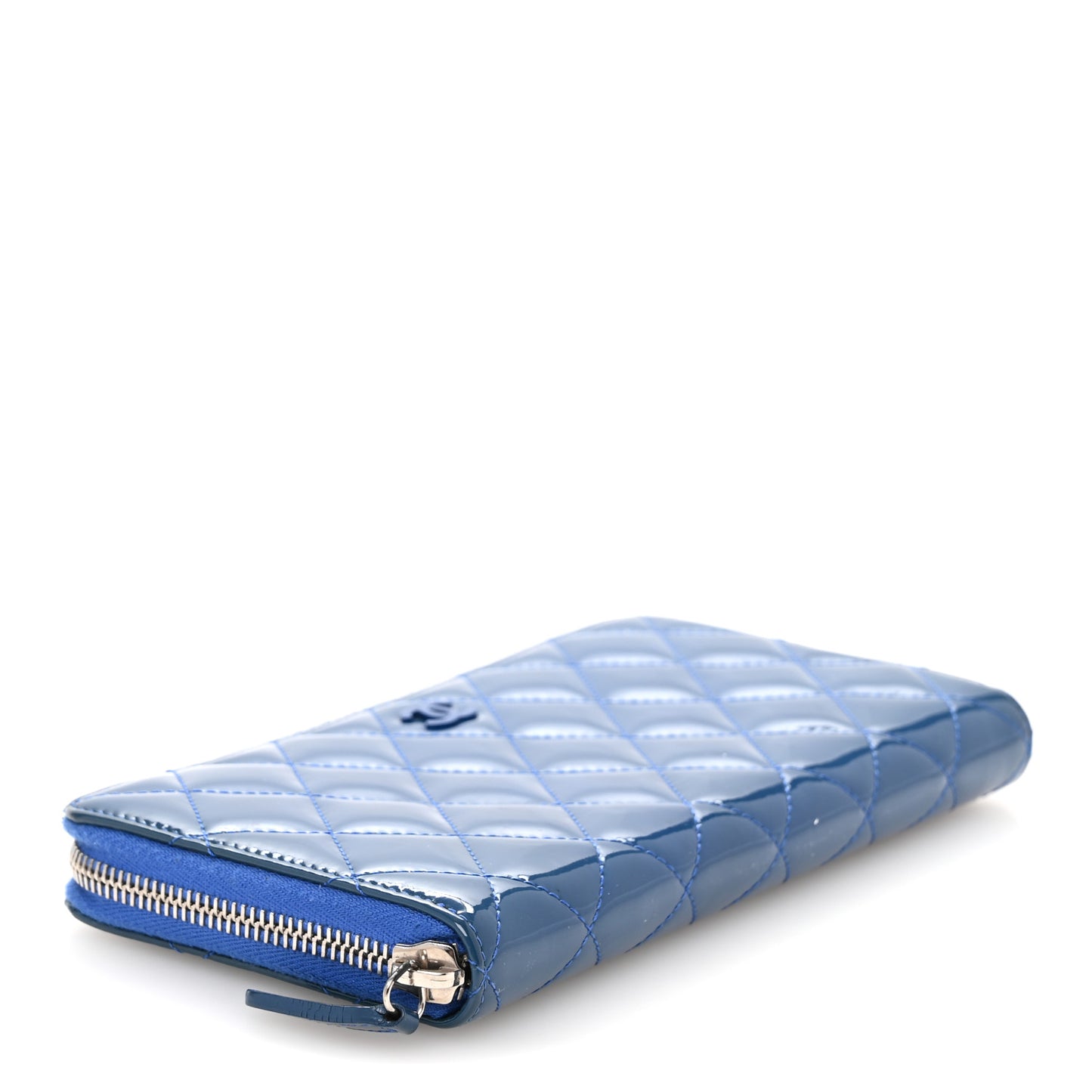 Patent Calfskin Quilted Large Gusset Zip Around Wallet Blue