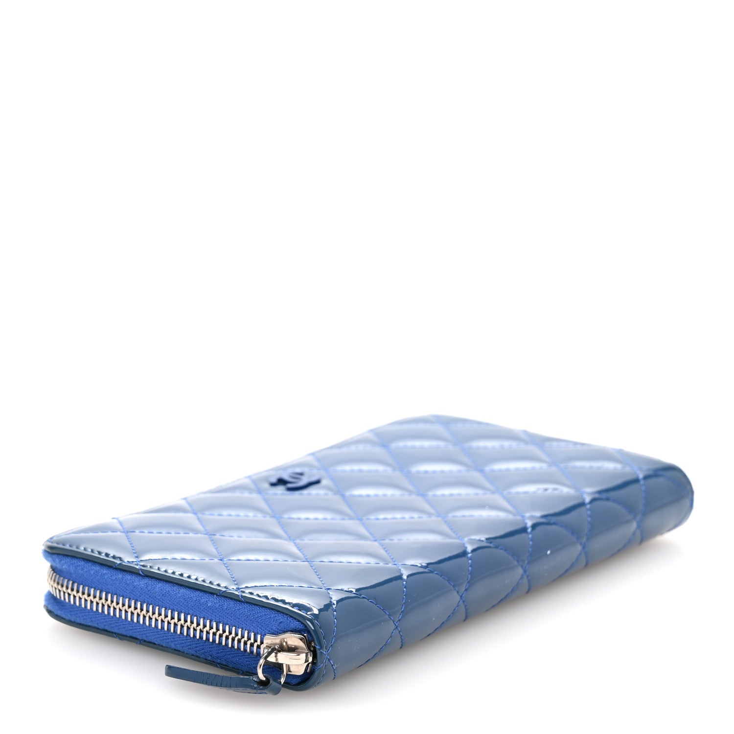 Chanel Patent Calfskin Quilted Large Gusset Zip Around Wallet Blue 4 of 10
