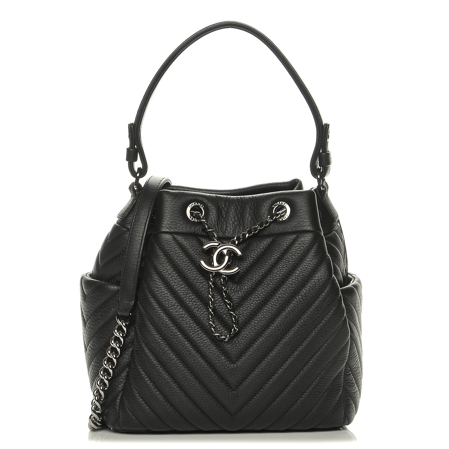 Deerskin Chevron Small Chain Bucket Bag Black