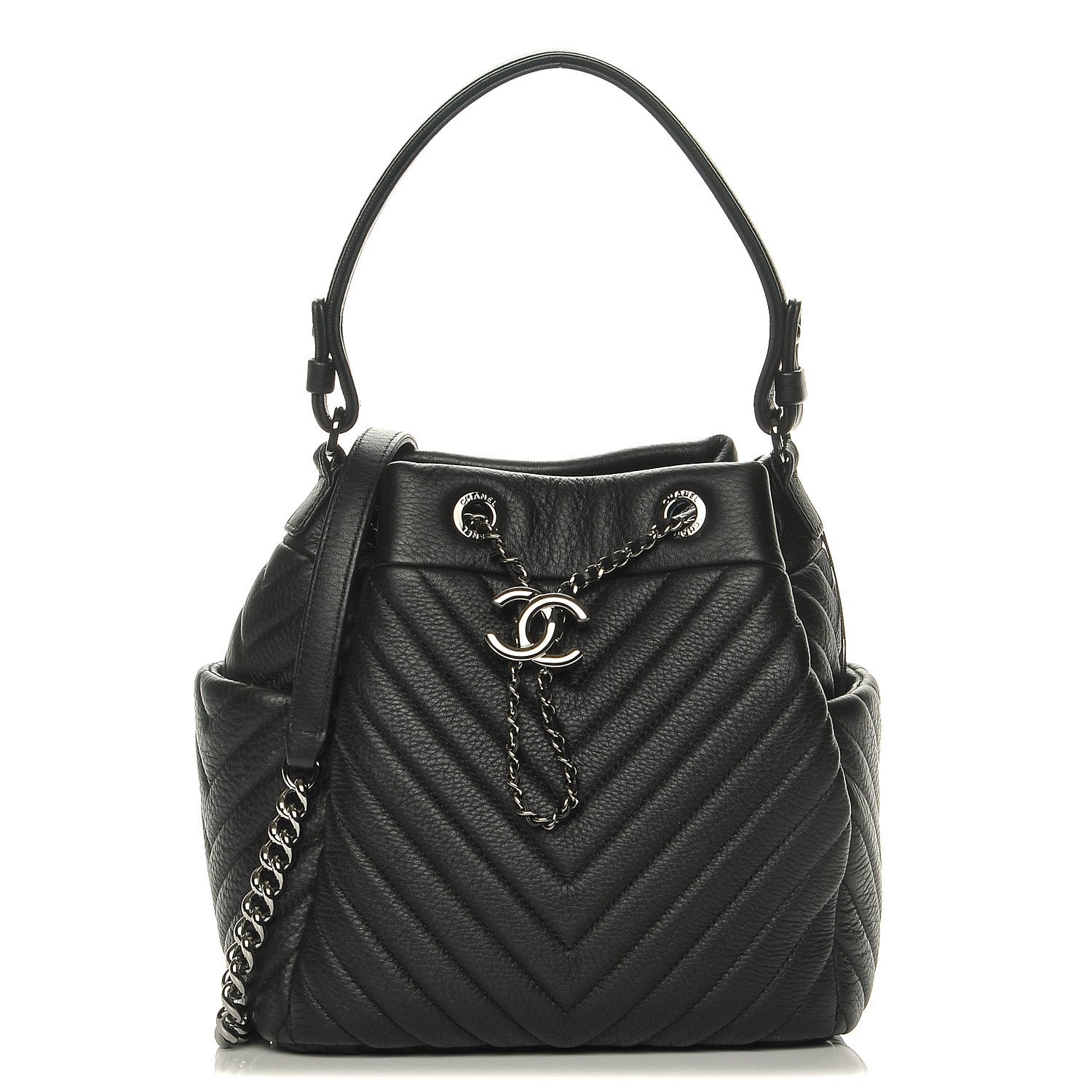 Chanel Deerskin Chevron Small Chain Bucket Bag Black 1 of 8