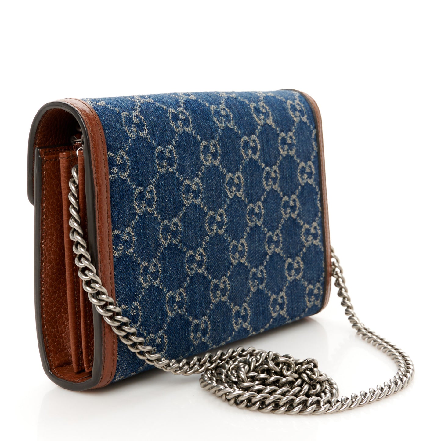 New Denim GG Monogram Dollar Calfskin Enamel Mini Dionysus Chain Wallet Blue Tea Cuir Epilog Electric Blue