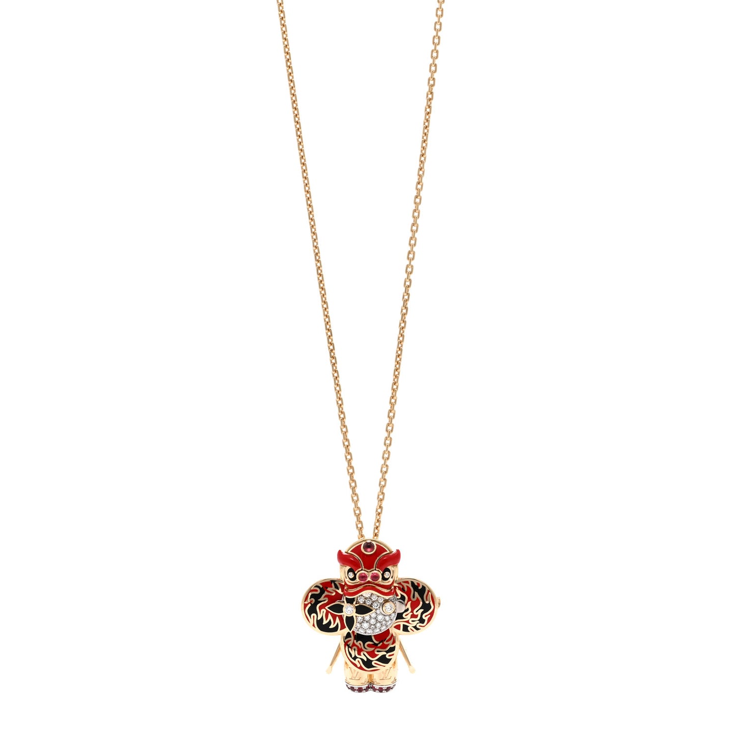 18K Yellow White Gold Lacquer Diamond Spinel Vivienne Red Lion Dance Brooch Necklace