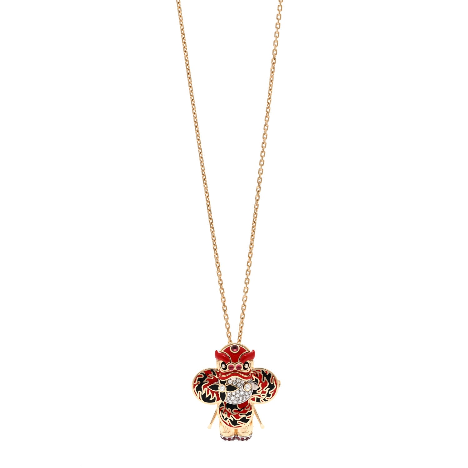 Louis Vuitton 18K Yellow White Gold Lacquer Diamond Spinel Vivienne Red Lion Dance Brooch Necklace 1 of 5