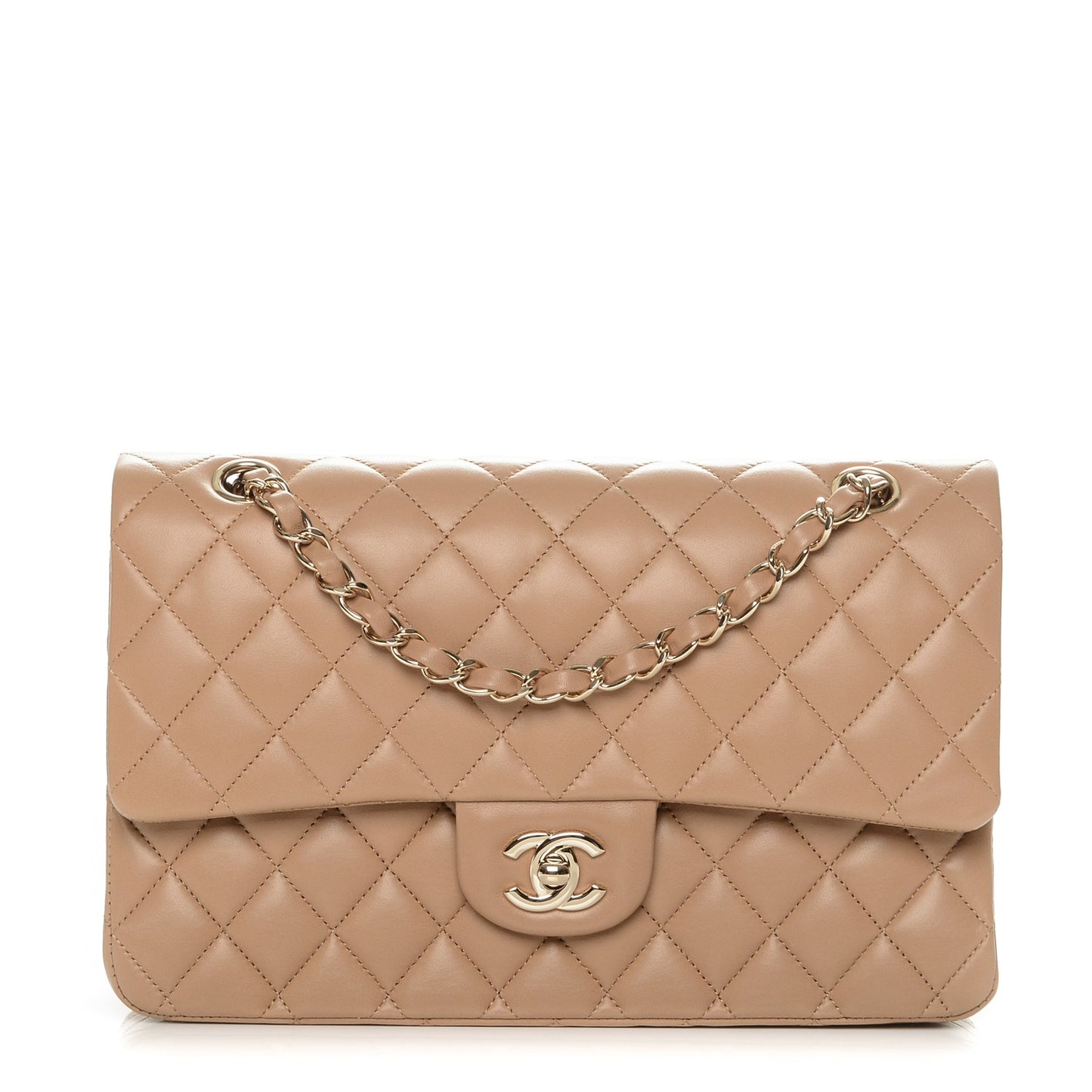 Lambskin Quilted Medium Double Flap Beige