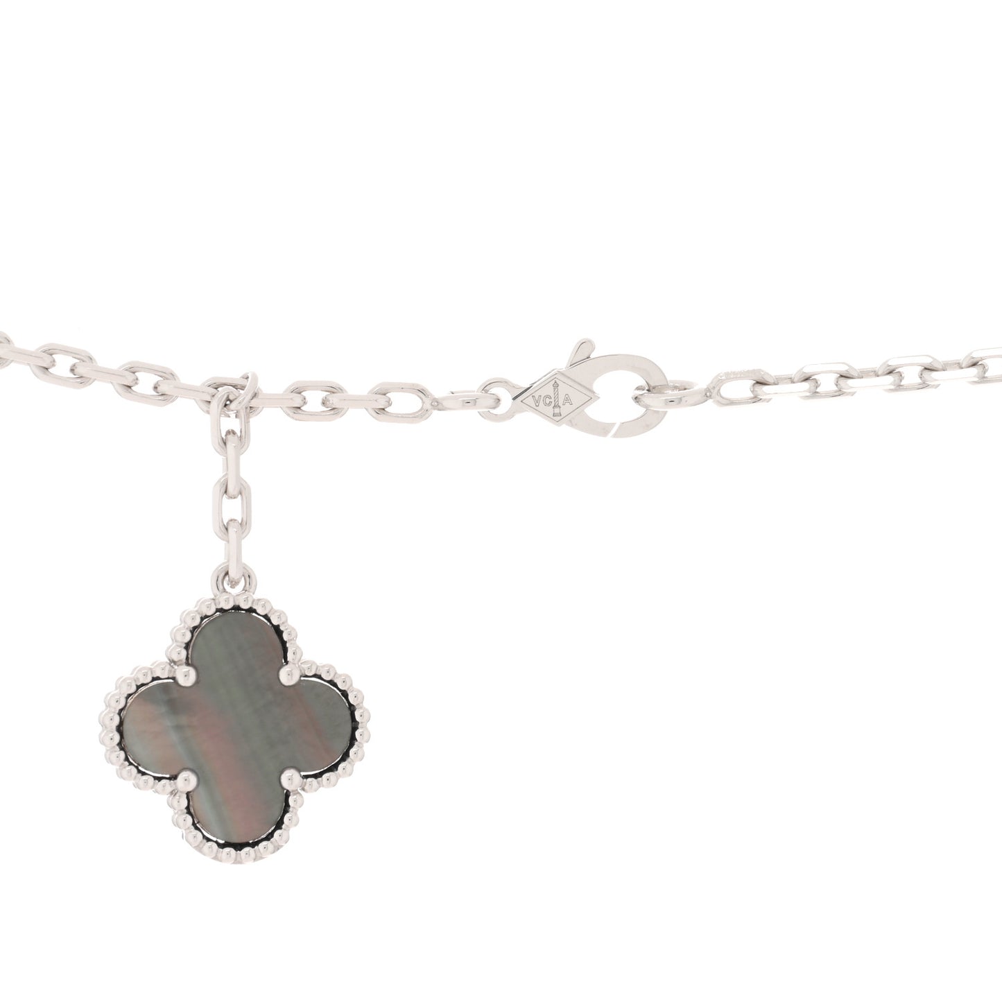 18K White Gold Mother of Pearl Chalcedony 6 Motifs Magic Alhambra Necklace