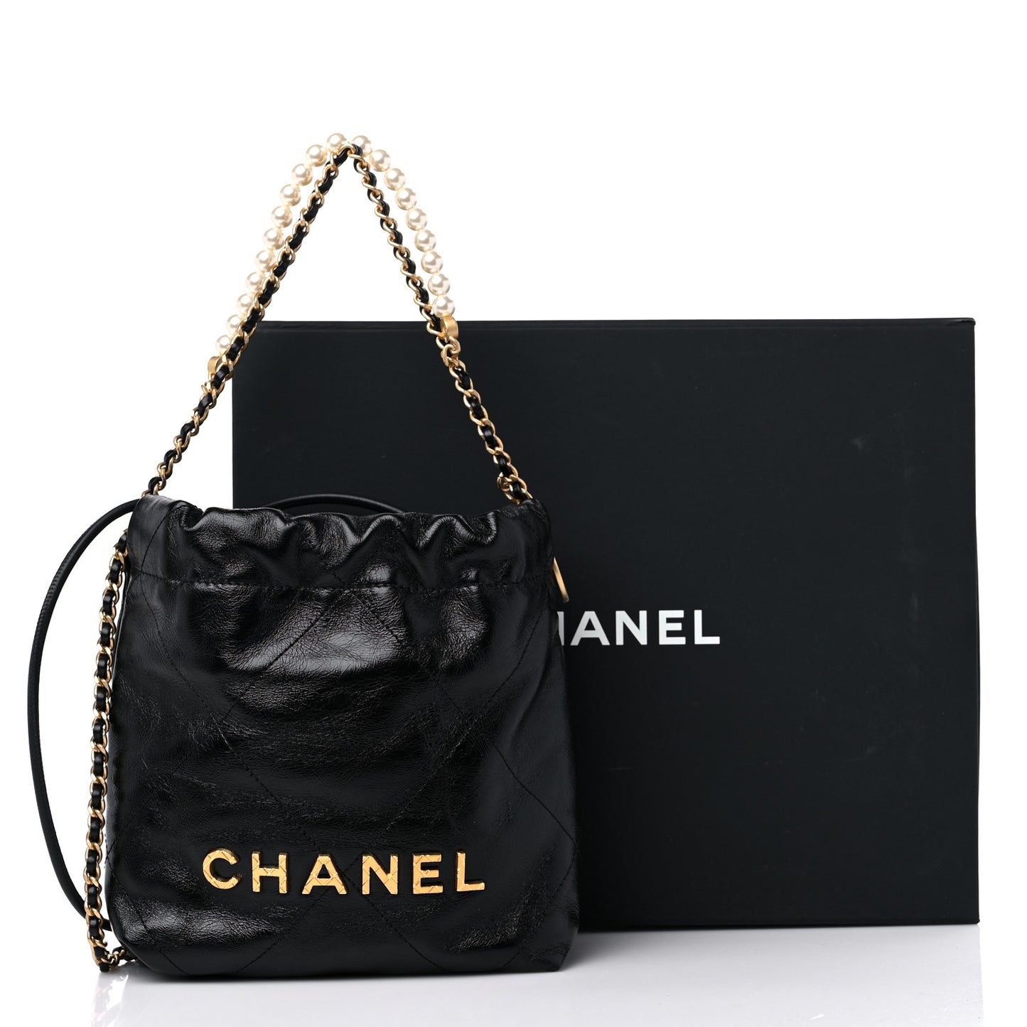 Shiny Crumpled Calfskin Quilted Pearl Mini Chanel 22 Black