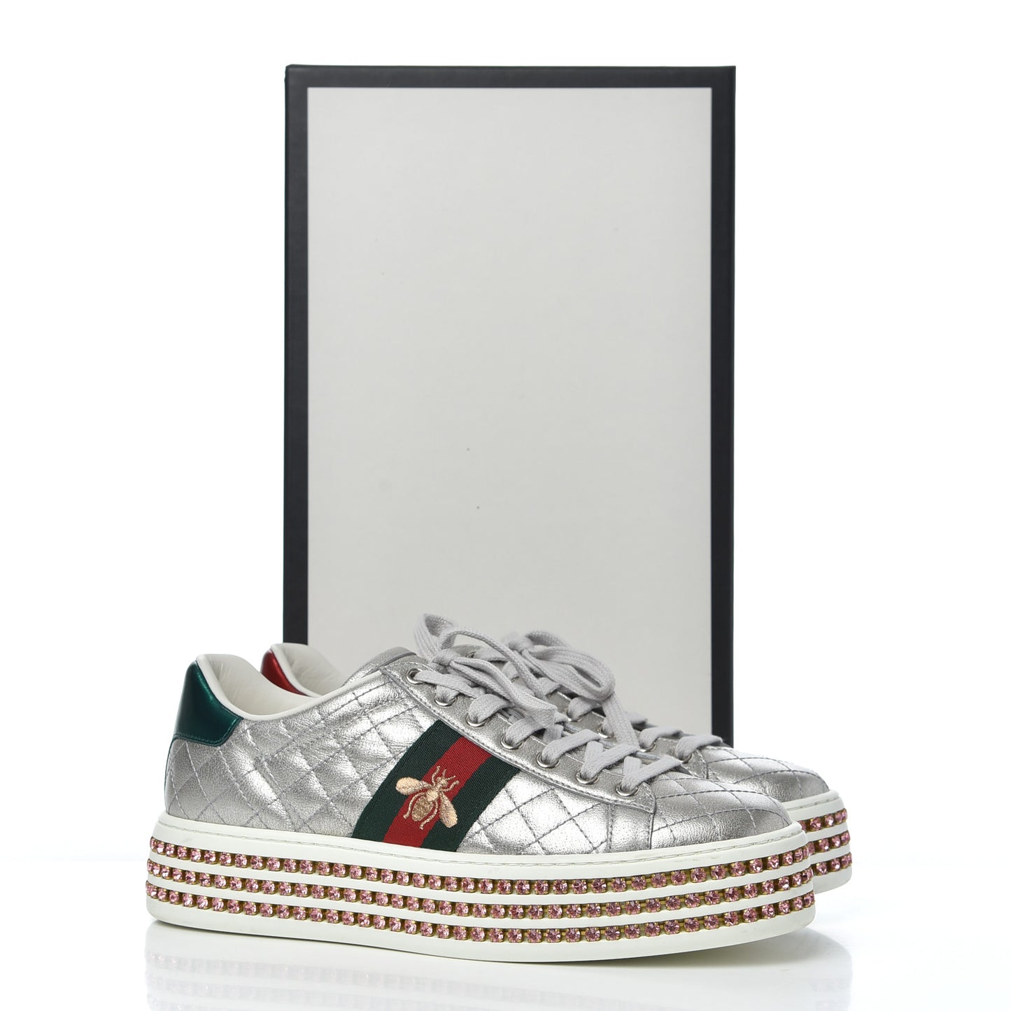 Laminated Nappa Crystal Web Bee Embroidered Trapuntata Womens Ace Platform Sneakers 36.5 Argento