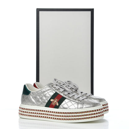 Gucci Laminated Nappa Crystal Web Bee Embroidered Trapuntata Womens Ace Platform Sneakers 36.5 Argento 21 of 21
