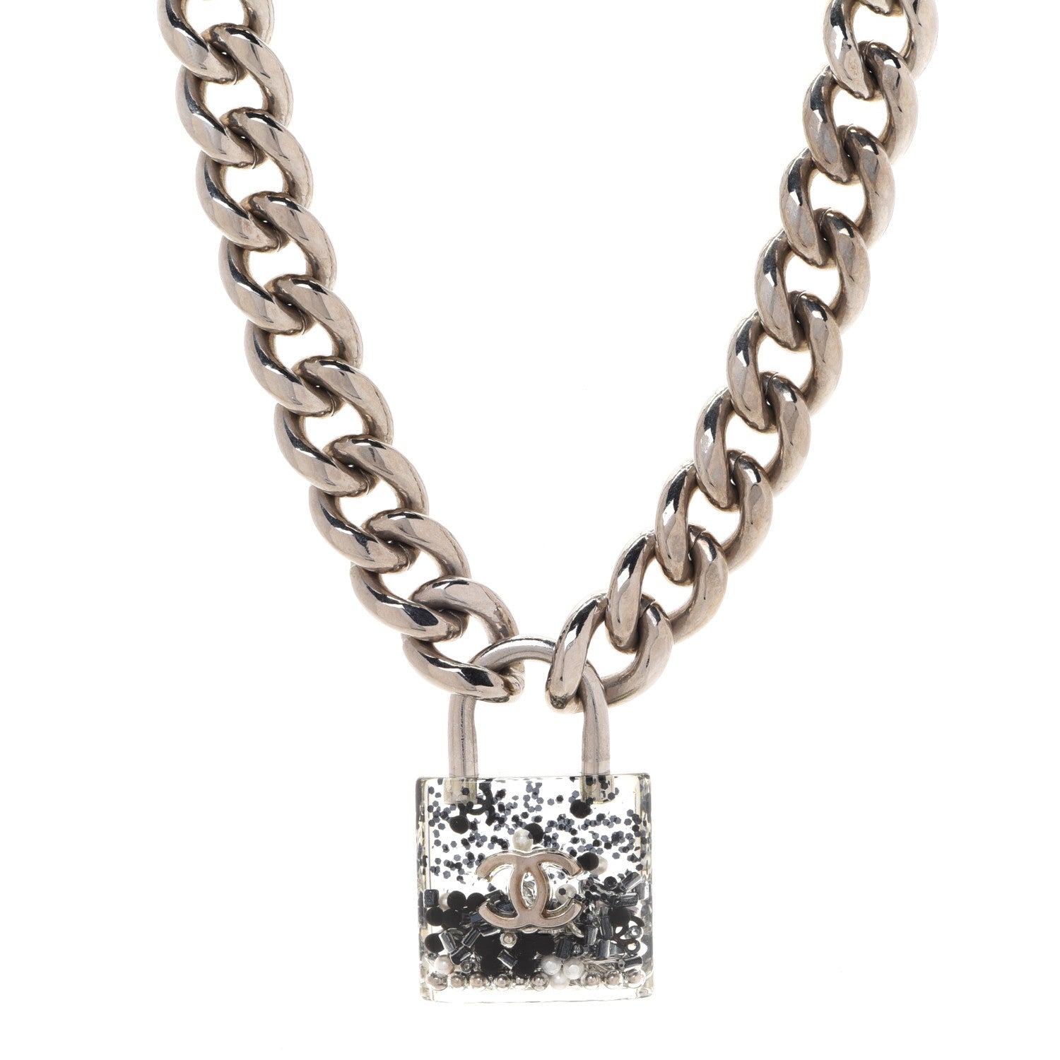 Chanel Resin CC Oversized Padlock Chain Necklace Silver Pearly White 1 of 5