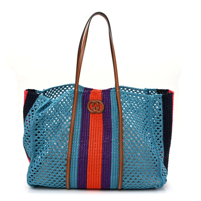 Gucci Raffia Web Woven Interlocking G Tote Blue Multicolor 1 of 10