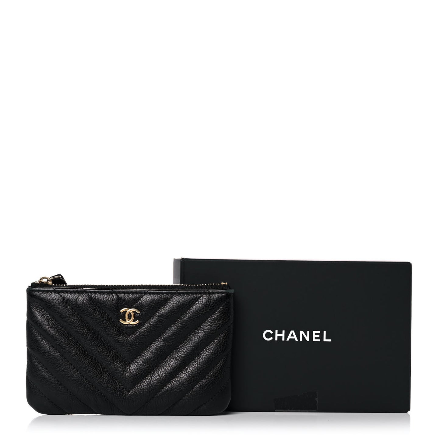Crumpled Calfskin Chevron Quilted Small Cosmetic Case Black