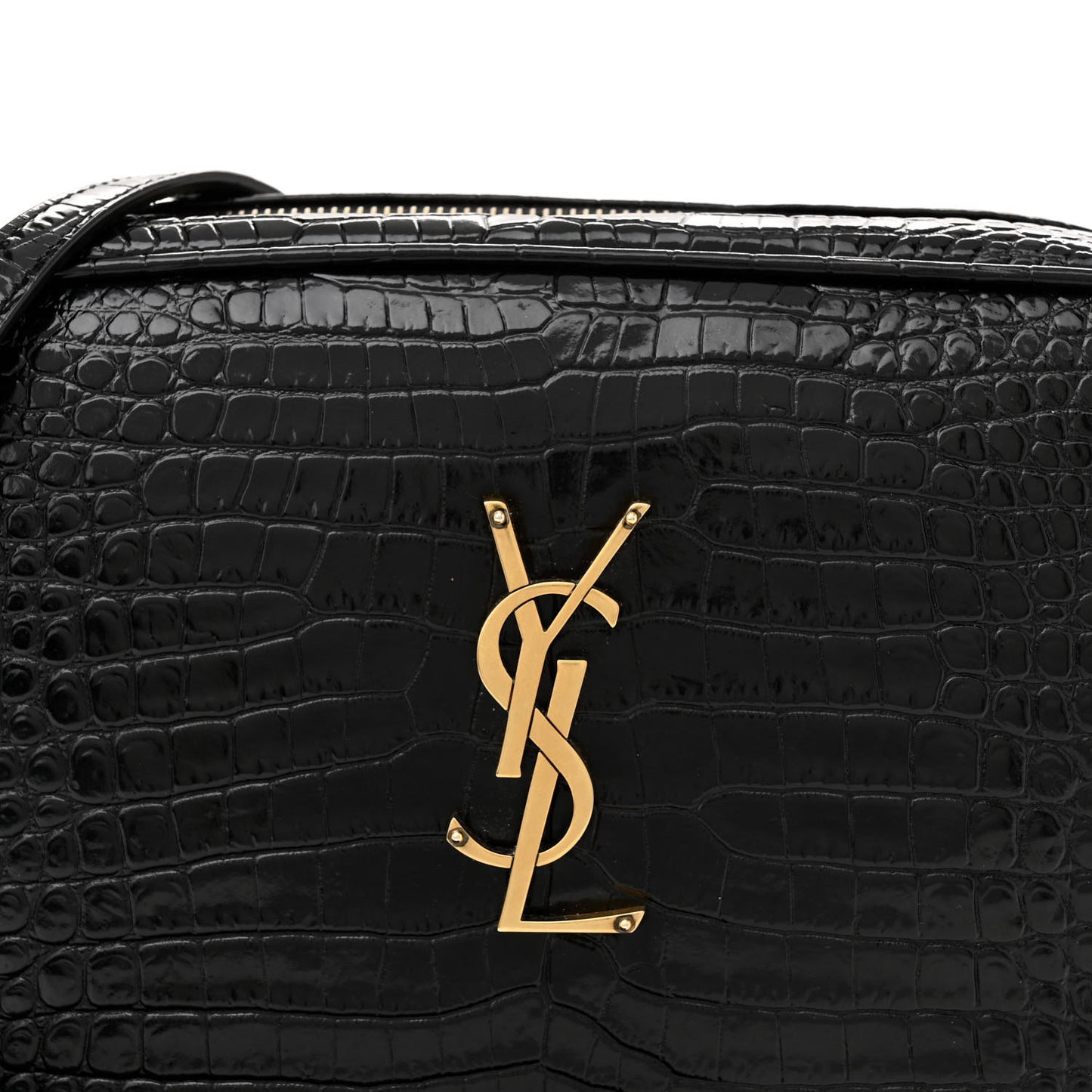 Patent Calfskin Crocodile Embossed Monogram Lou Camera Bag Black