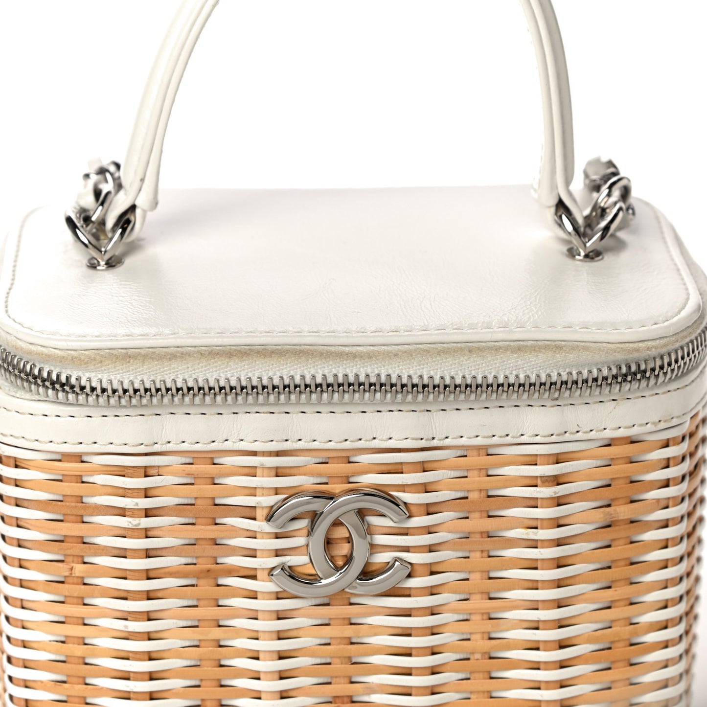 Calfskin Raffia Small Vanity Case Bag White Beige