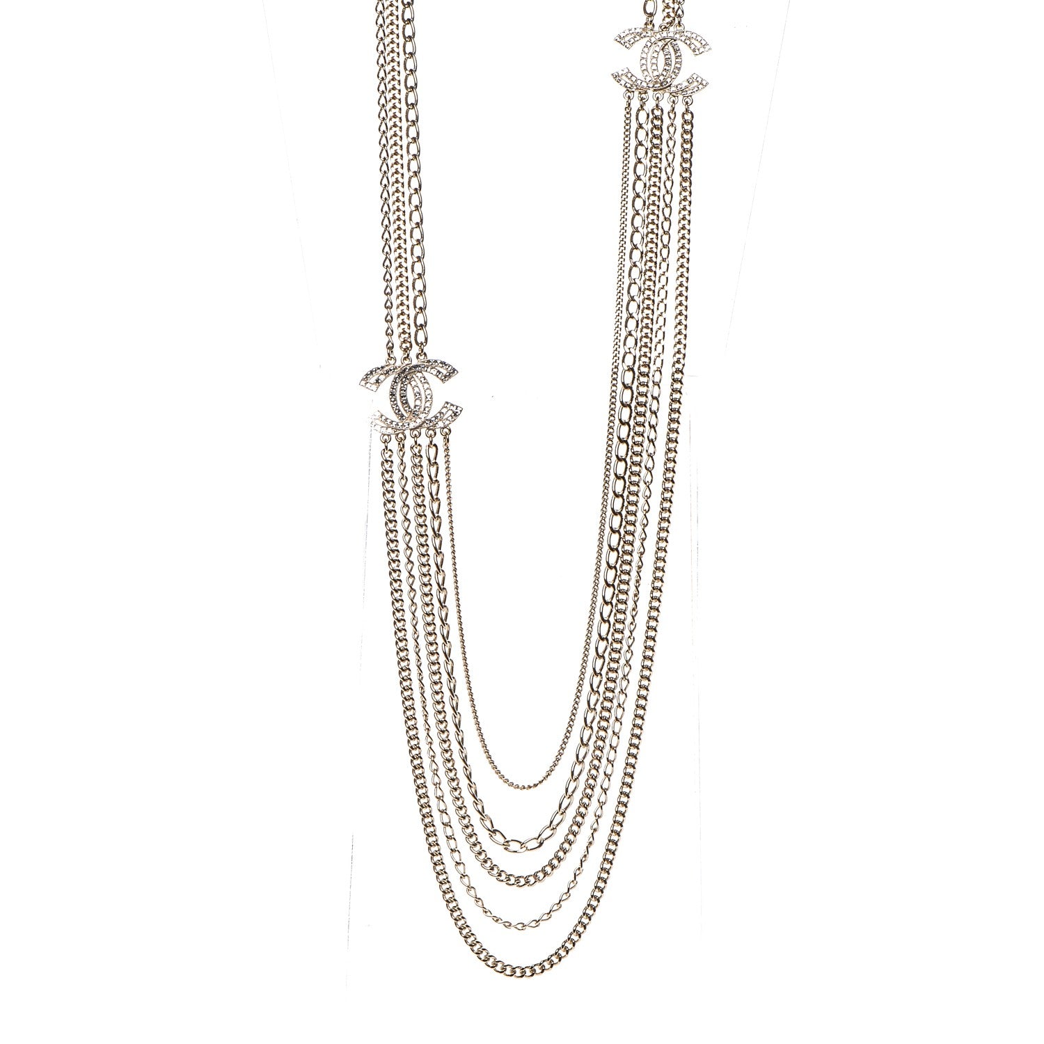 Chanel Multi Strand Chain Baguette Crystal CC Necklace Gold 1 of 5