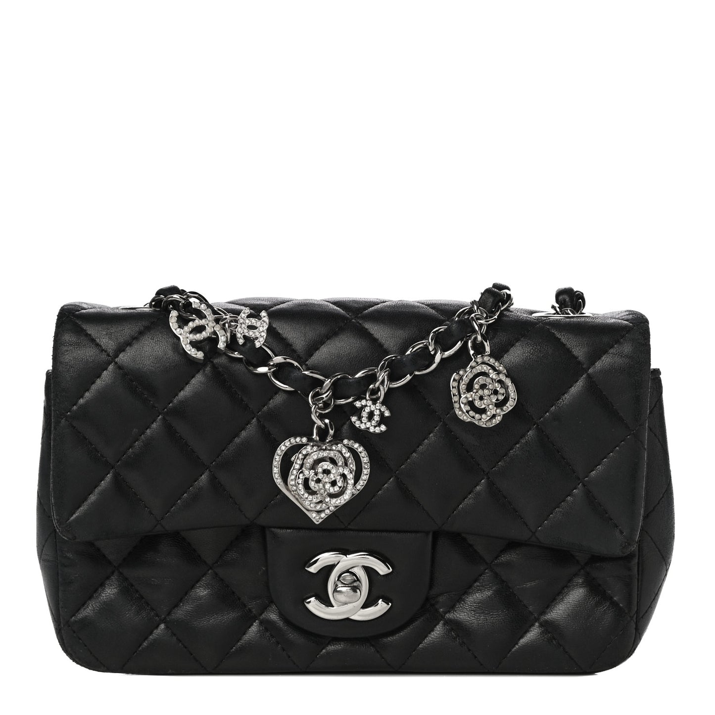 Lambskin Quilted Valentine Charms Mini Rectangular Flap Black
