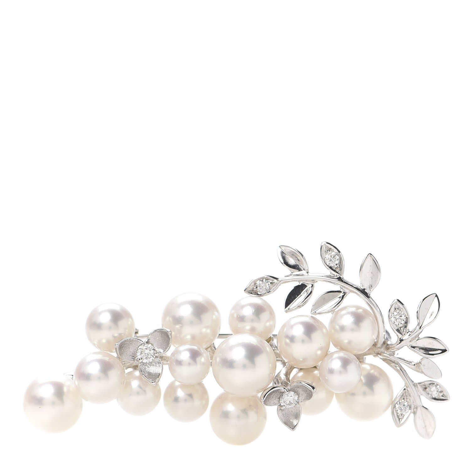Mikimoto 18K White Gold Diamond Akoya Pearl 4.5-7mm Olive Leaf Brooch 1 of 4