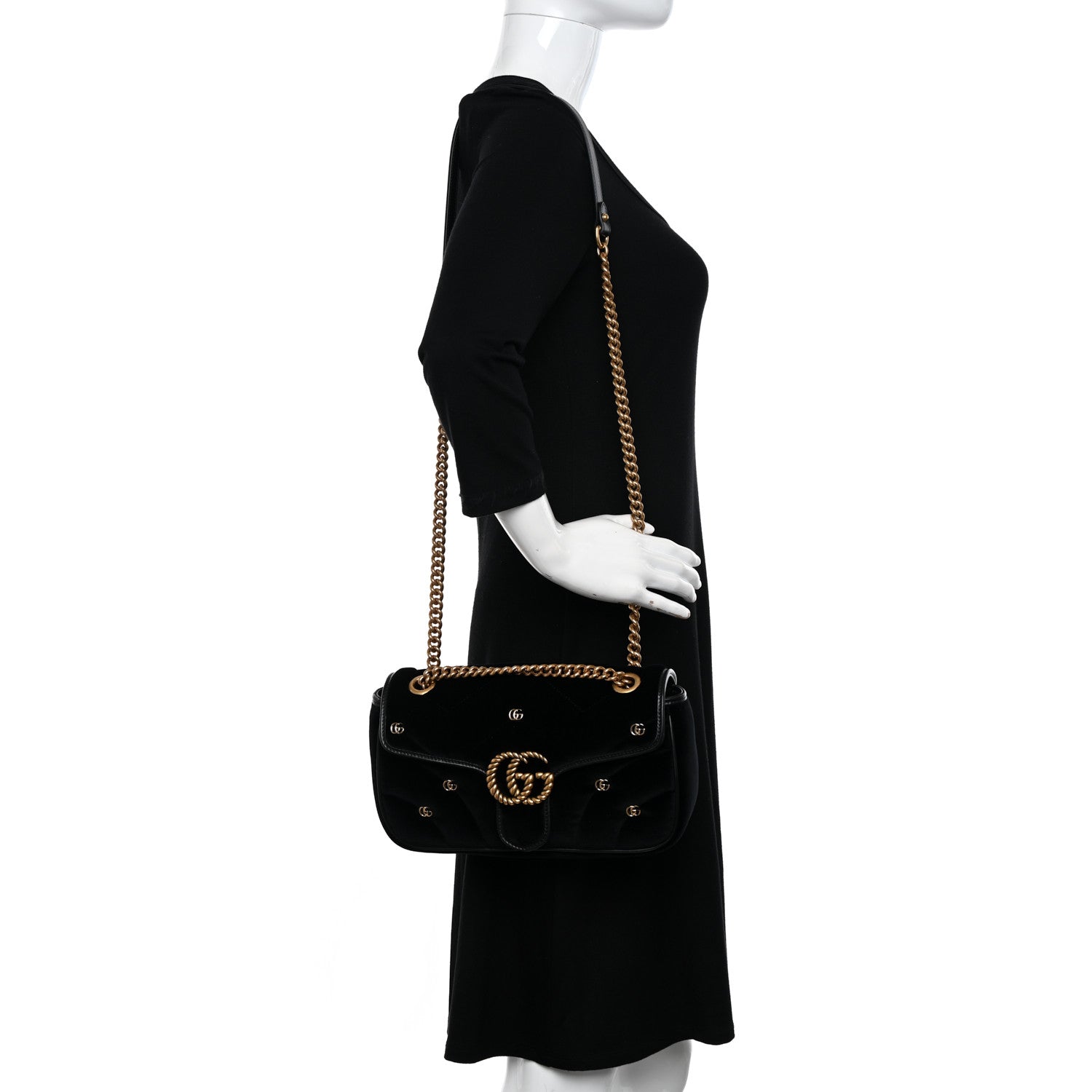 Gucci Velvet Matelasse Double G Studs Small Torchon GG Marmont Shoulder Bag Black 2 of 11