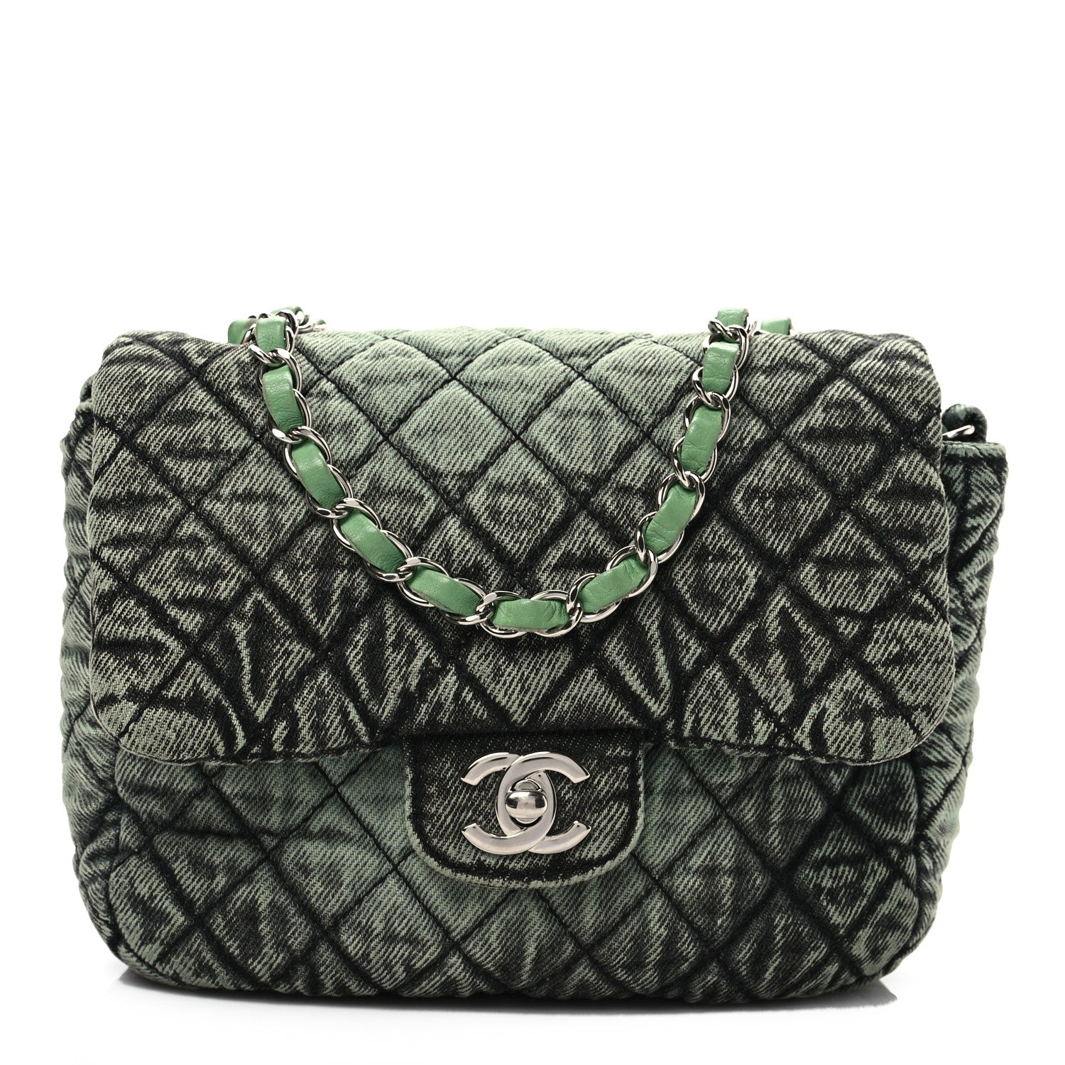 Chanel Washed Denim Quilted Small Denimpression Flap Green Black 1 of 7