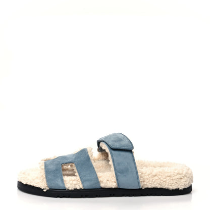 Hermes Suede Goatskin Woolskin Womens Chypre Sandals 39 Bleu Pinede Ecru 1 of 7