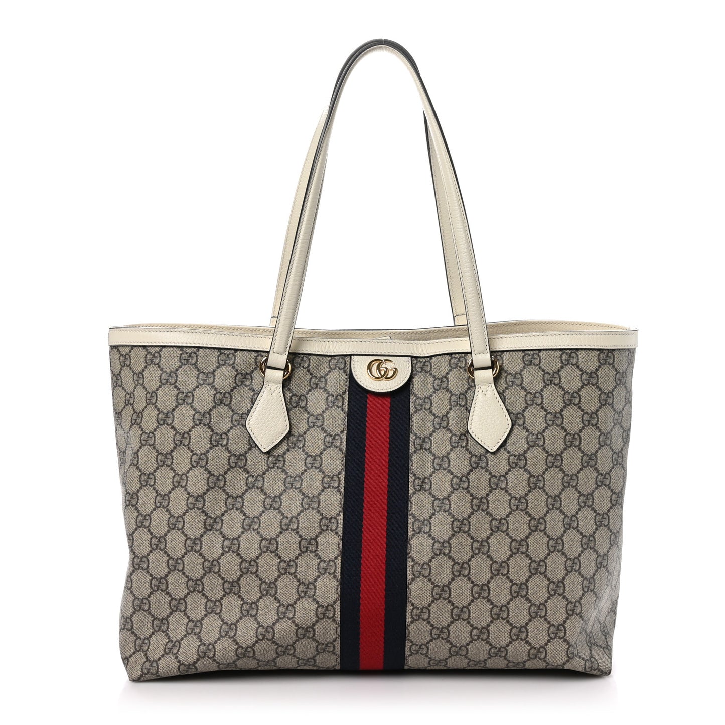 GG Supreme Monogram Textured Dollar Calfskin Web Medium Ophidia Shopping Tote Beige Ebony Mystic White