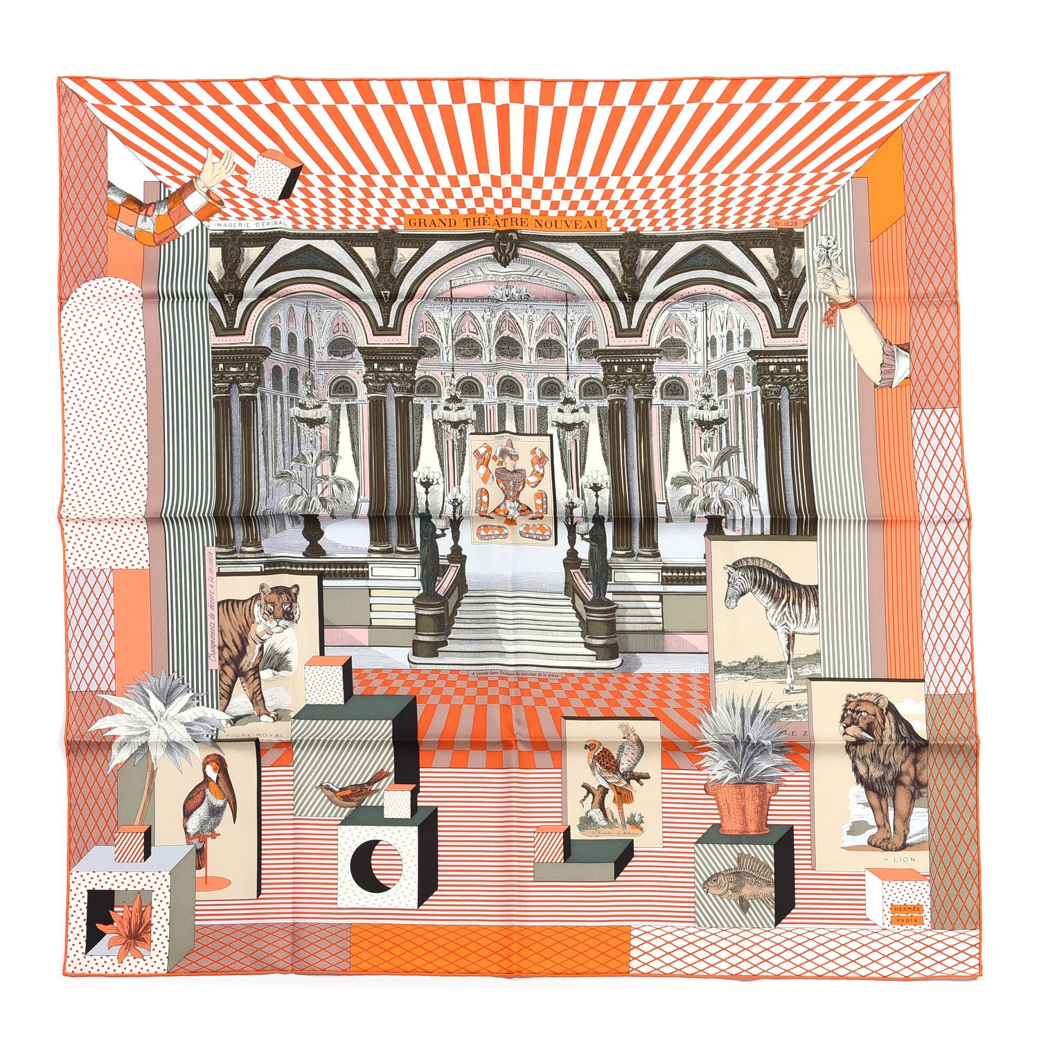 Hermes Silk Grand Theatre Nouveau Scarf 90 Orange Kaki White 1 of 4