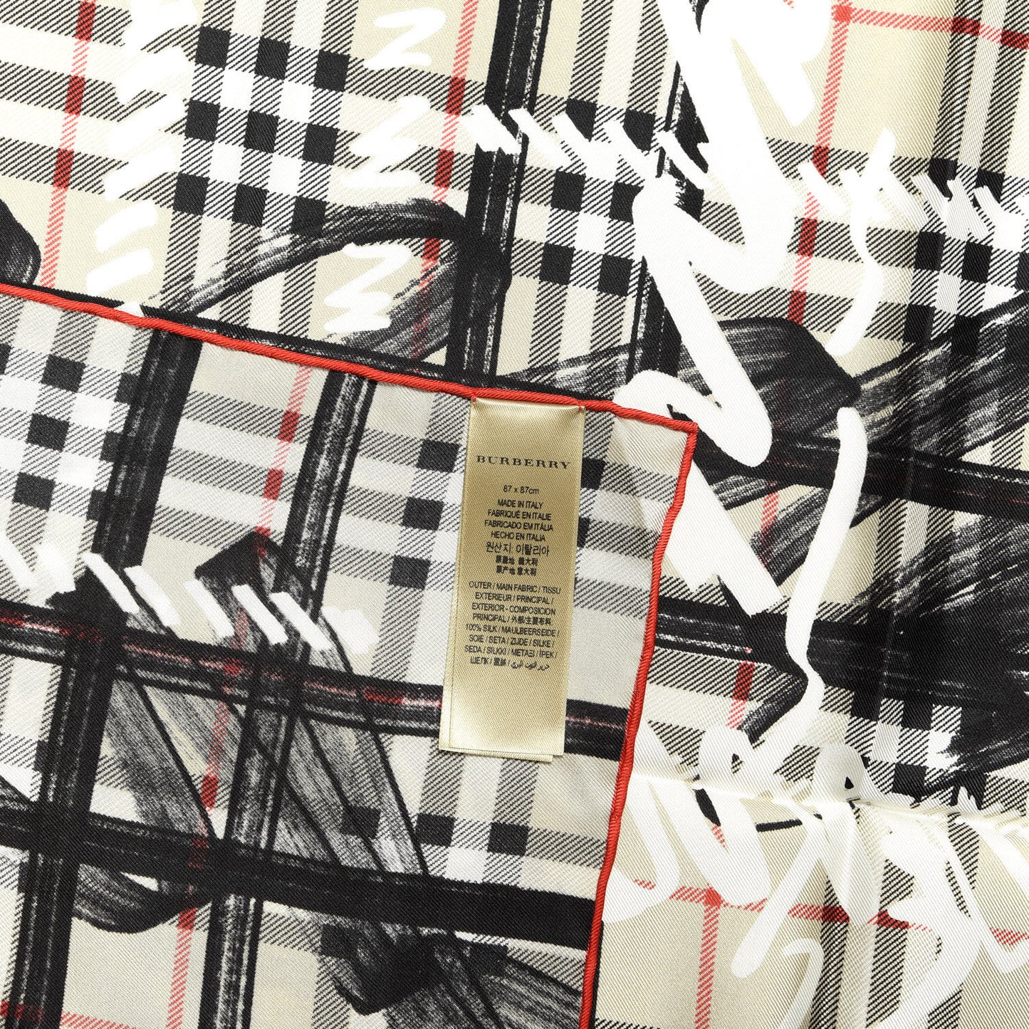 Silk Vintage Check Scribble Print Scarf Stone