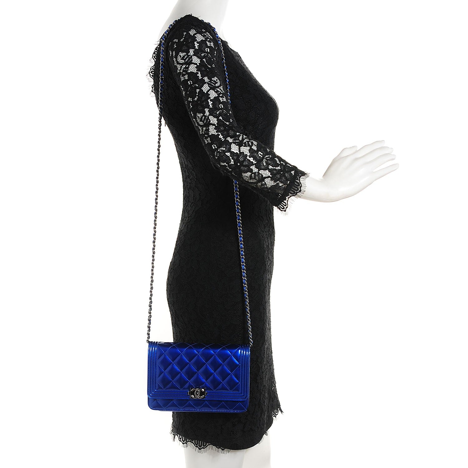 Chanel Patent Calfskin Quilted Boy Wallet On Chain WOC Blue 2 of 8