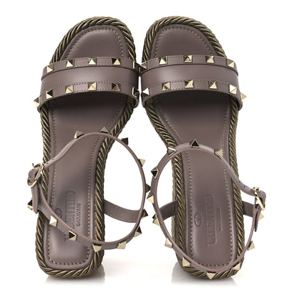 Valentino Garavani Silk Calfskin Rockstud Torchon Espadrille Wedge Sandals 39 Clay 2 of 12