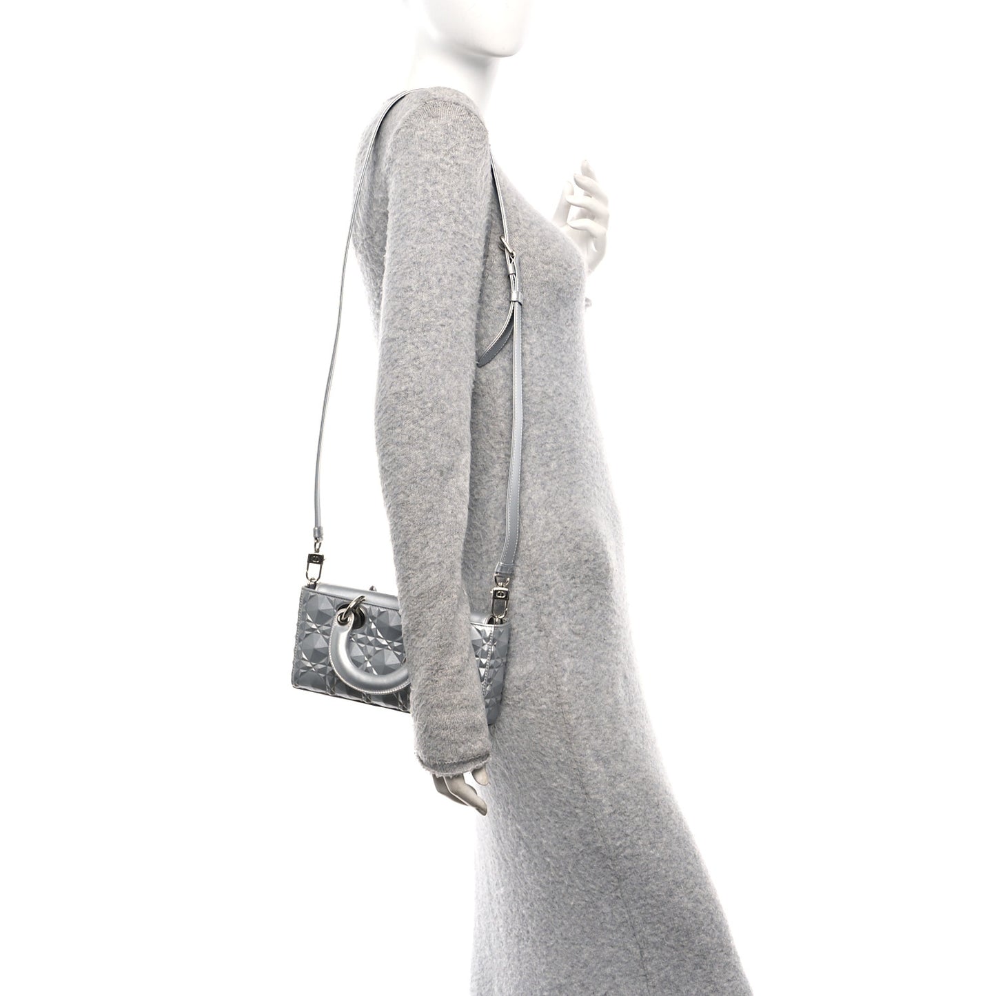Metallic Calfskin Cannage Diamond Small Lady D-Joy Silver