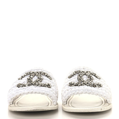 Chanel Raffia Crystal CC Mules Sandals 39.5 White 3 of 10