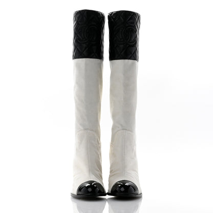 Chanel Velvet Lambskin Patent Cap Toe Quilted High Boots 38 White Black 2 of 10