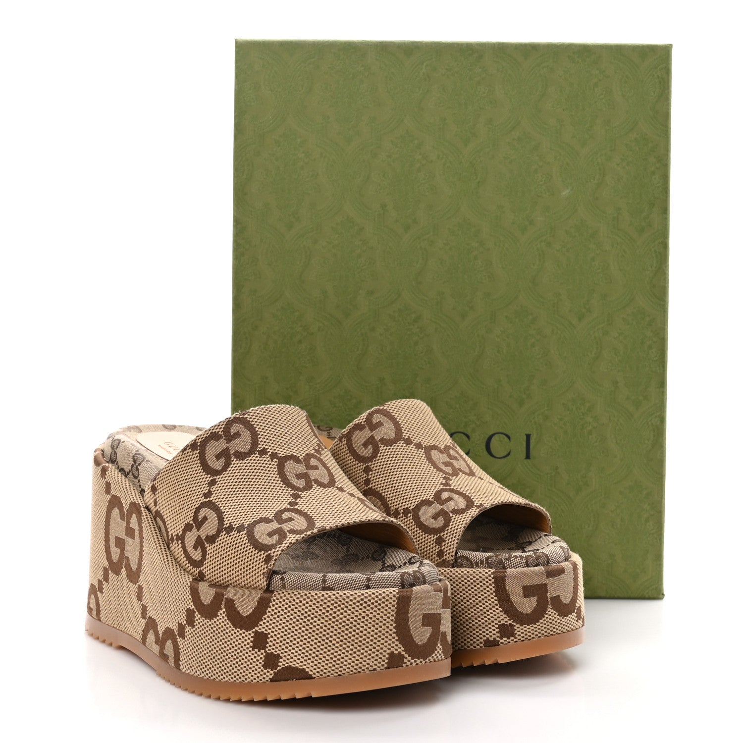 Gucci Monogram Jumbo GG Platform Slide Wedge Sandals 40 Camel Ebony 8 of 8