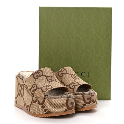 Gucci Monogram Jumbo GG Platform Slide Wedge Sandals 40 Camel Ebony 8 of 8