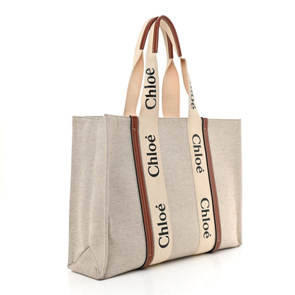 Chloe Cotton Calfskin Large Woody Ribbon Tote White Brown 3 of 9