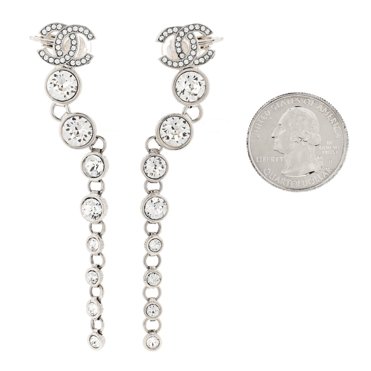 Chanel Crystal CC Long Drop Earrings Silver 2 of 4