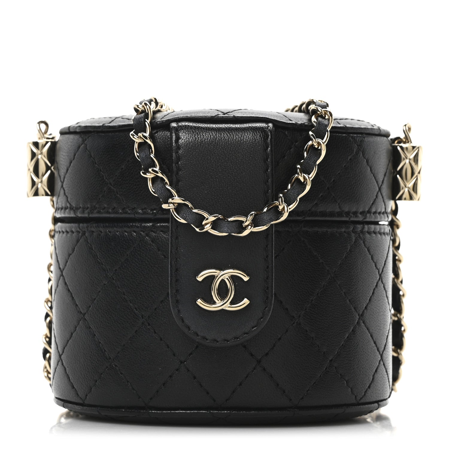 Chanel Lambskin Quilted Mini Round Vanity Case With Chain Black 1 of 10