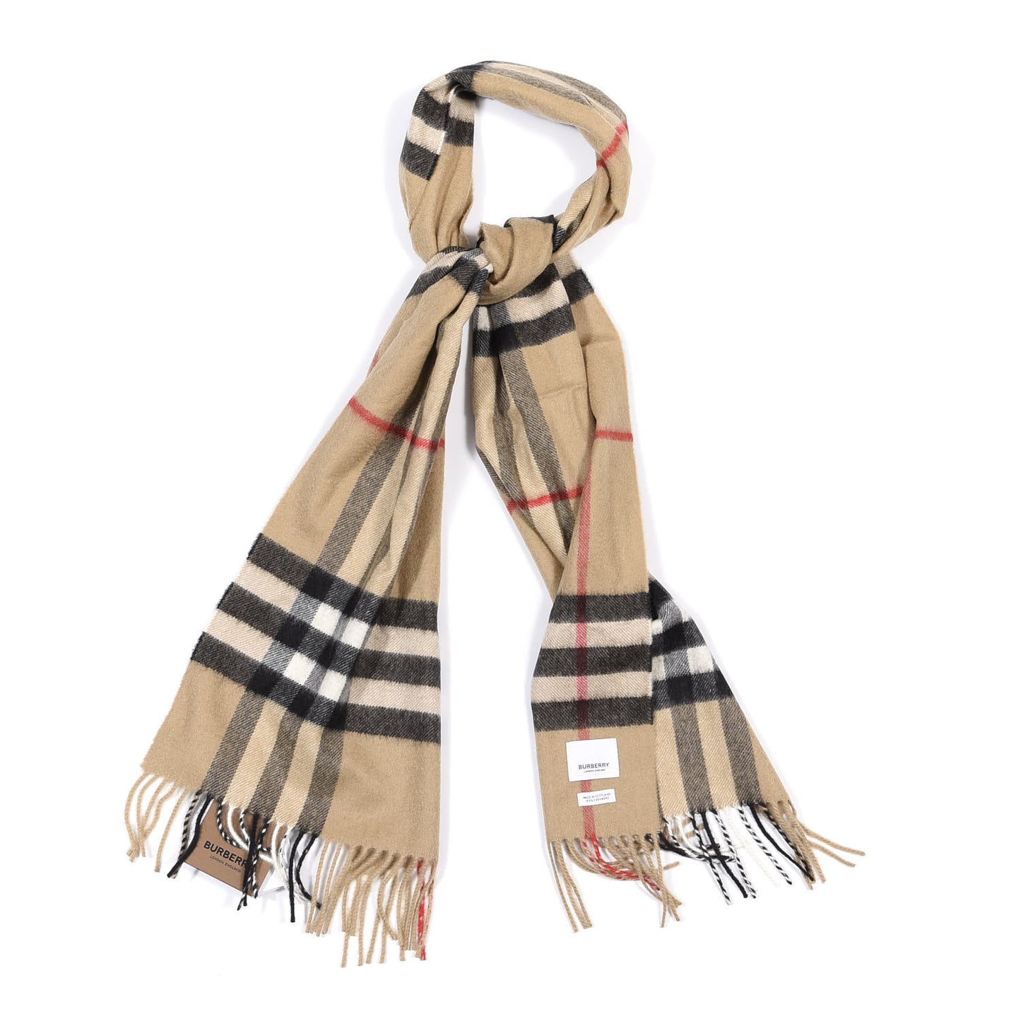 Cashmere Giant Check Fringe Scarf Archive Beige