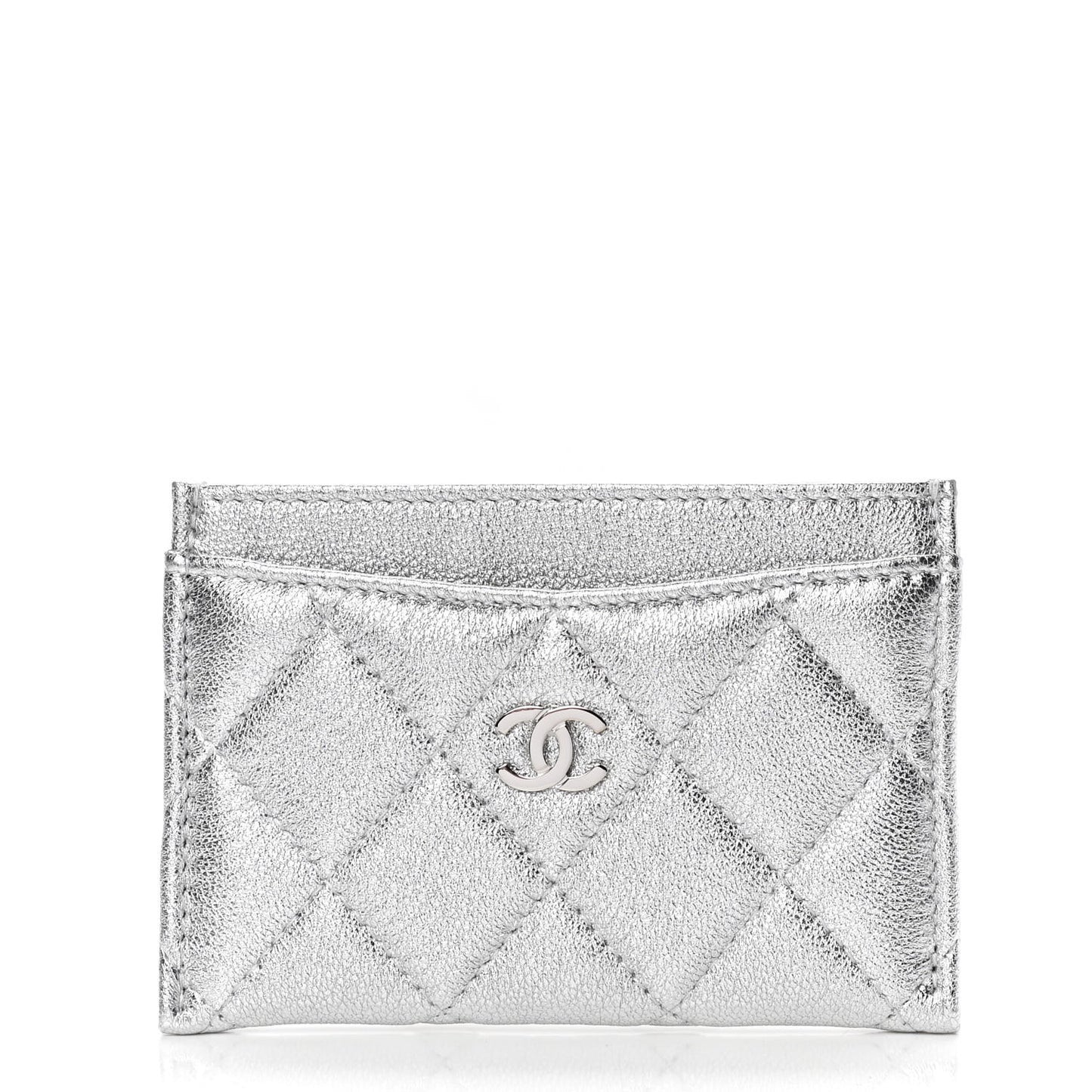 Metallic Lambskin Quilted Card Holder Silver