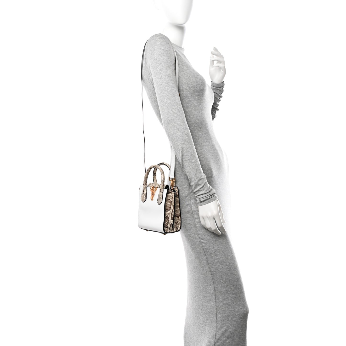 Calfskin Snakeskin Mini Virtus Top Handle Shoulder Tote Optical White Natural