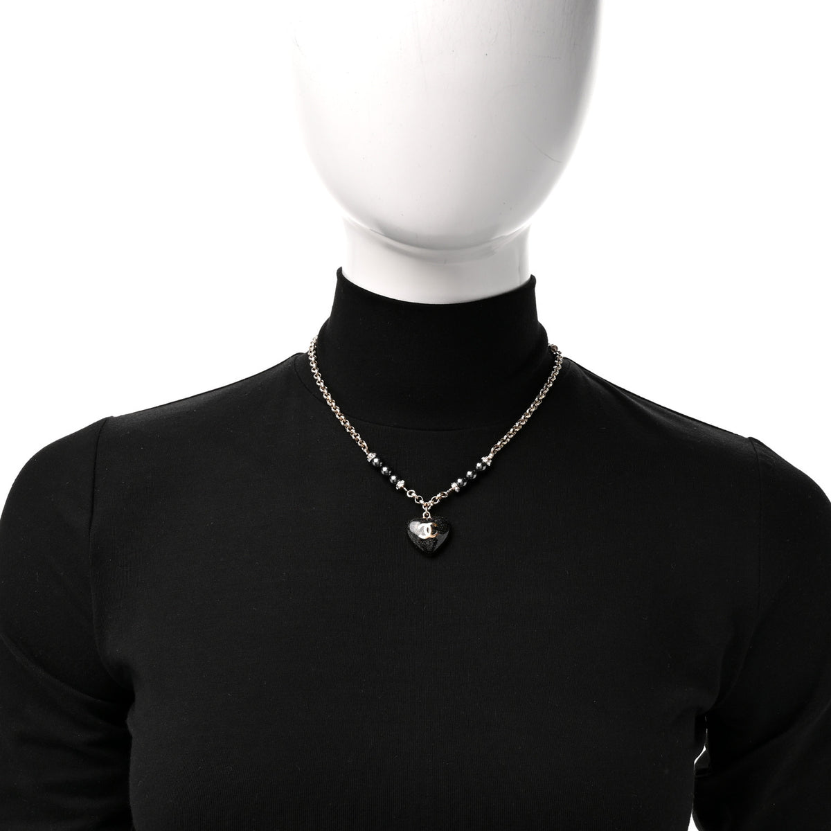 Pearl Resin Crystal Heart CC Pendant Chain Necklace Ruthenium Light Gold