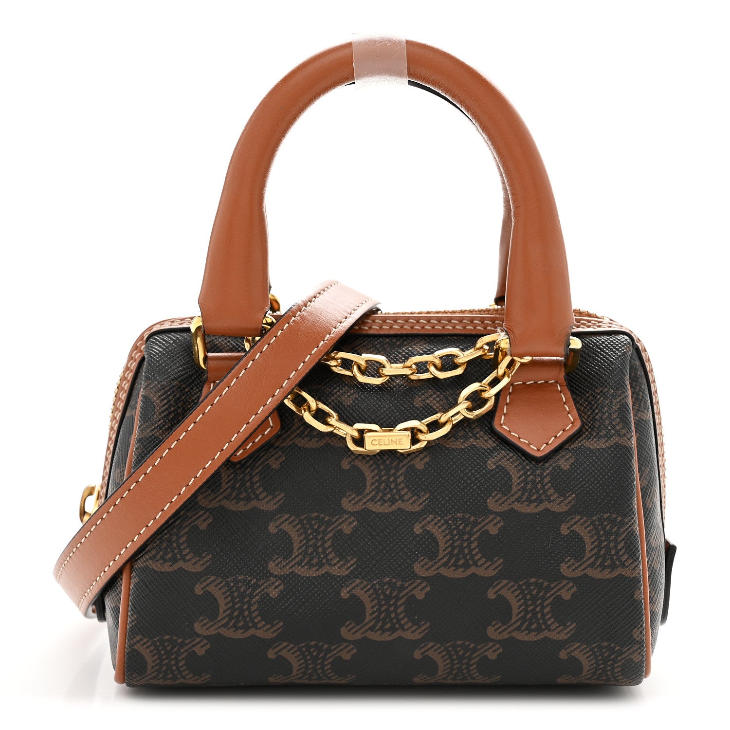 Celine Triomphe Canvas Calfskin Mini Boston Bag Tan 1893783